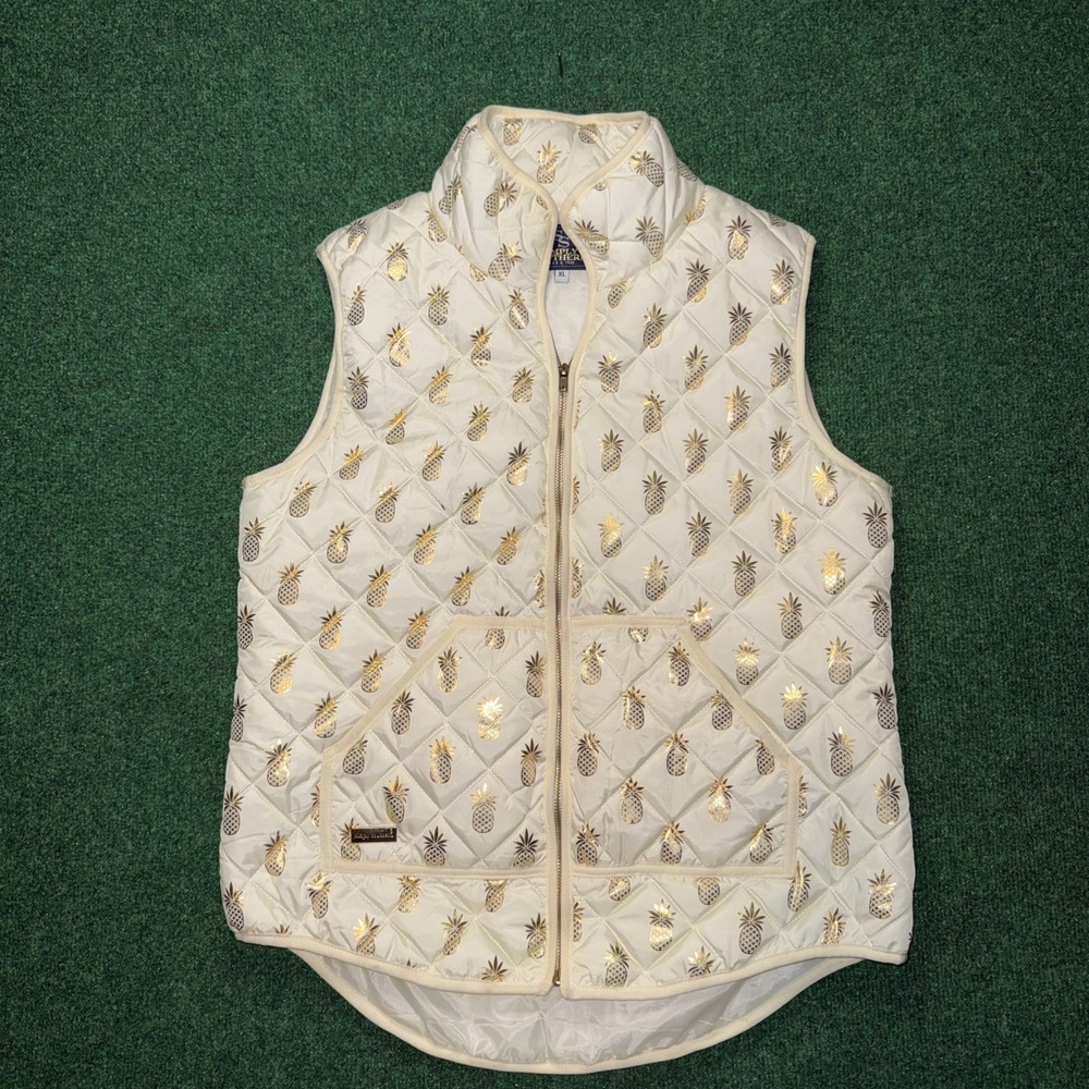 EUC SIMPLY SOUTHERN Quilted‎ Puffer Vest Ivory & Metallic Gold Pineapples XL P2